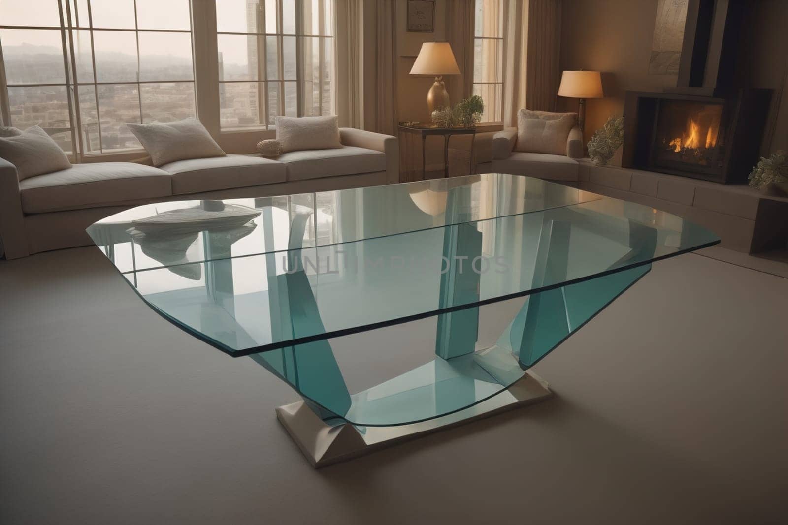 a glass table in a room. ai generative