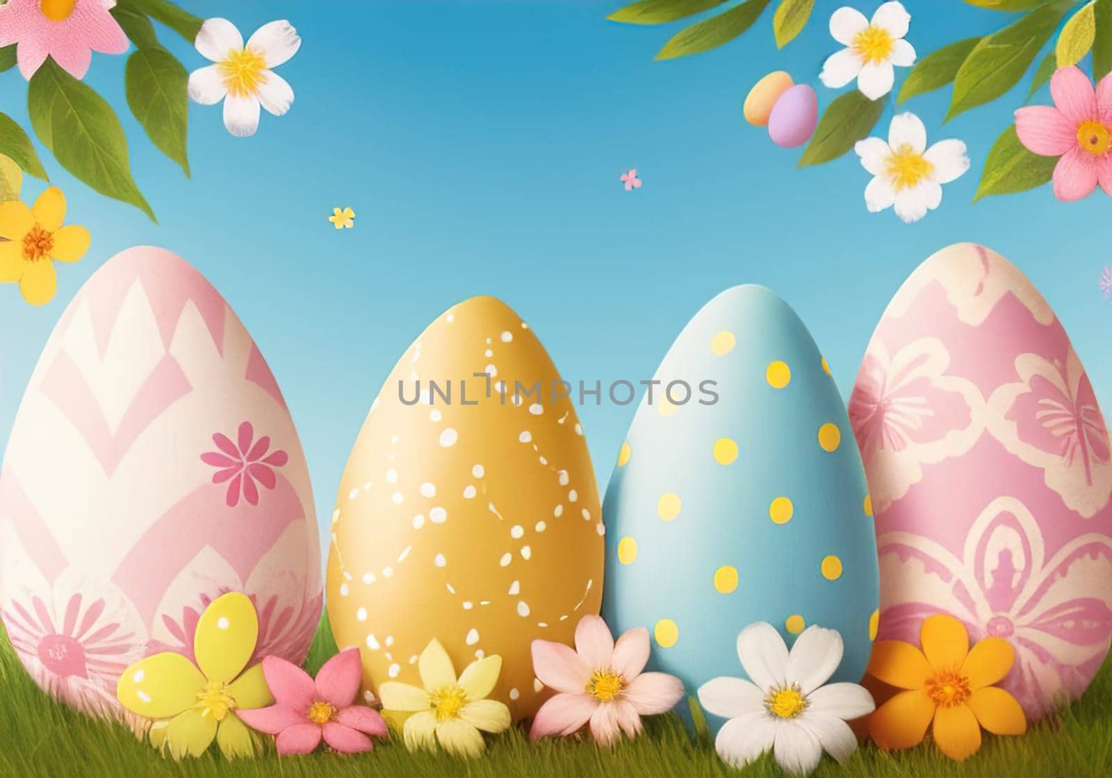 Easter bunny with colorful eggs in nest. ai generative