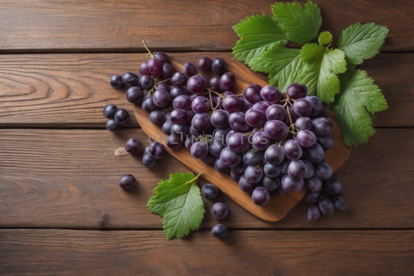 Bunch of fresh grapes on wooden table. Vintage style toned picture. ai generative