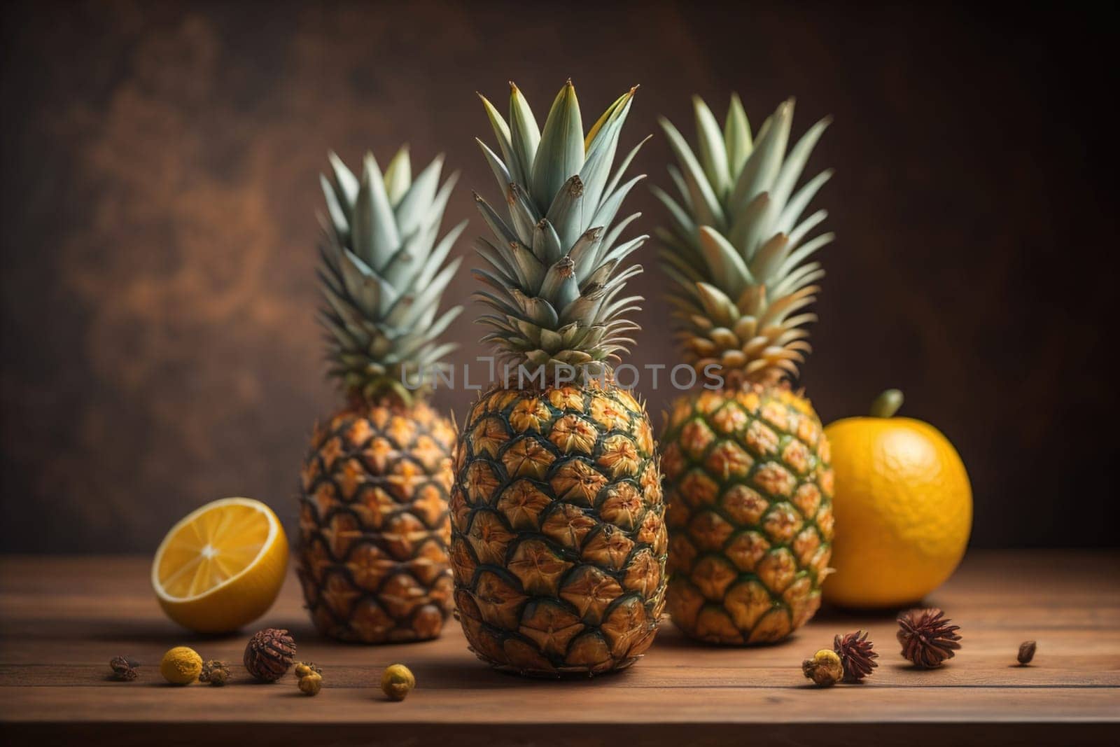 Pineapples on a wooden background. ai generative
