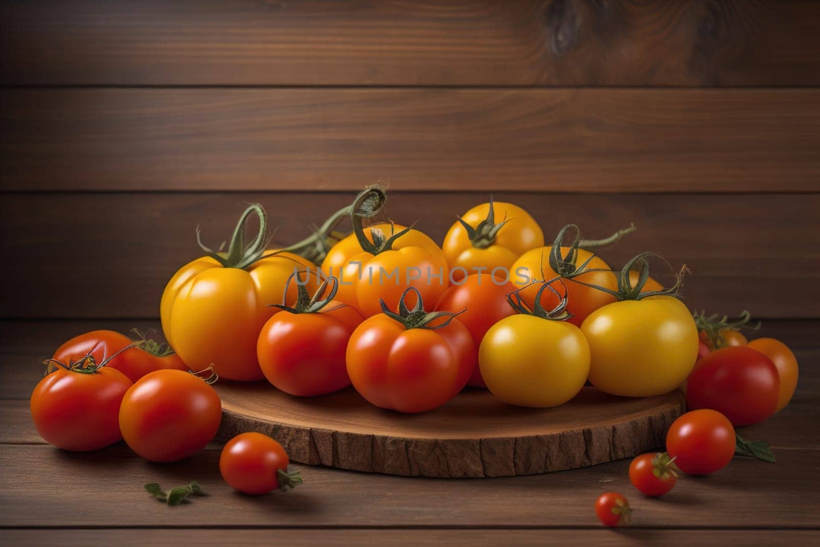 Tomatoes on a wooden table on a dark background. ai generative