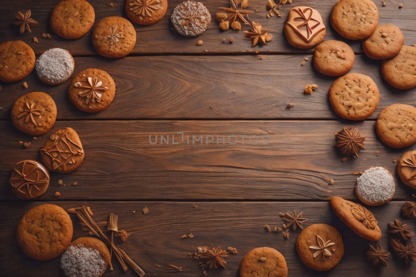 Cookies on a wooden table. Top view. ai generative
