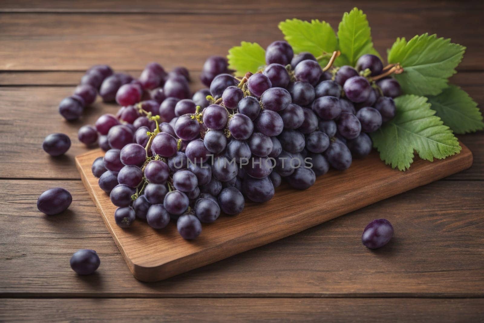 Bunch of fresh grapes on wooden table. Vintage style toned picture. ai generative