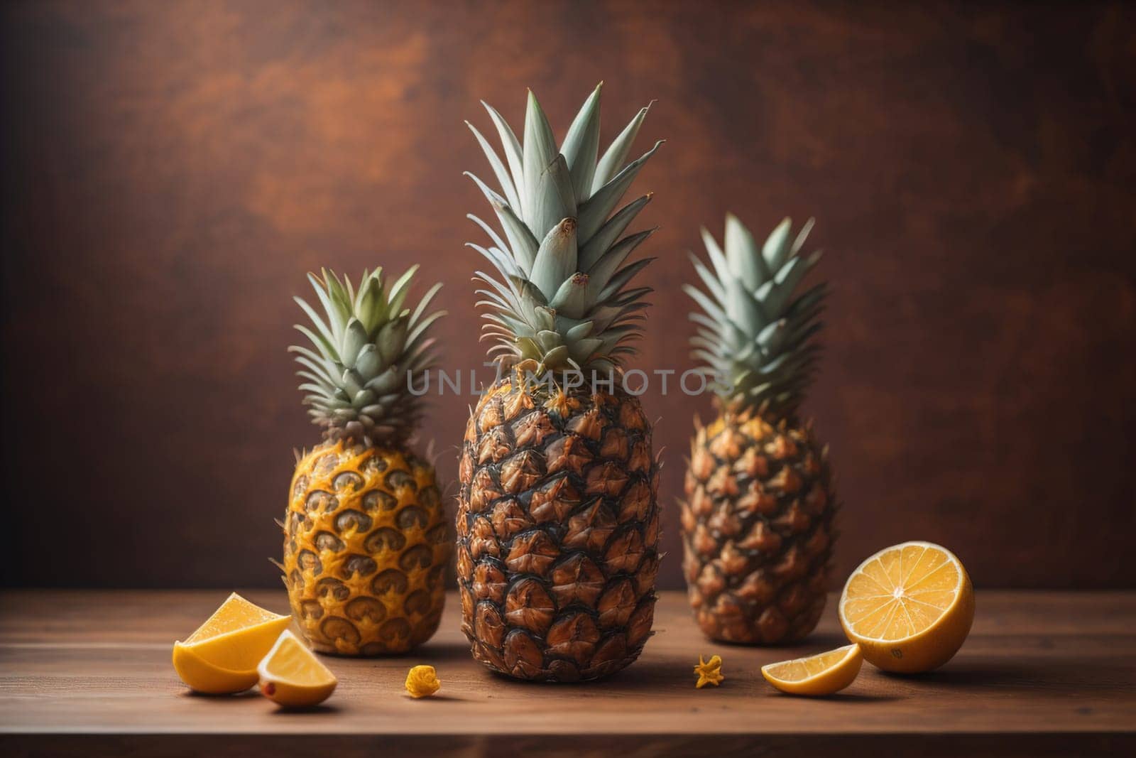 Pineapples on a wooden background. ai generative