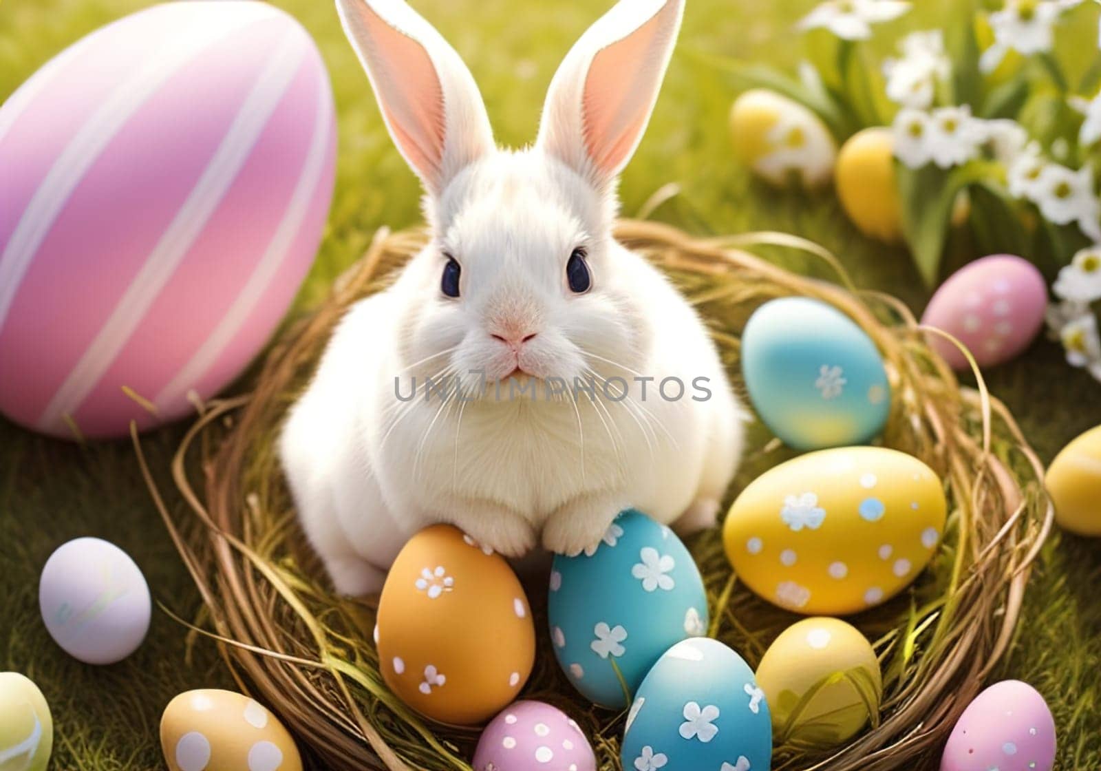Easter bunny with colorful eggs in nest. ai generative