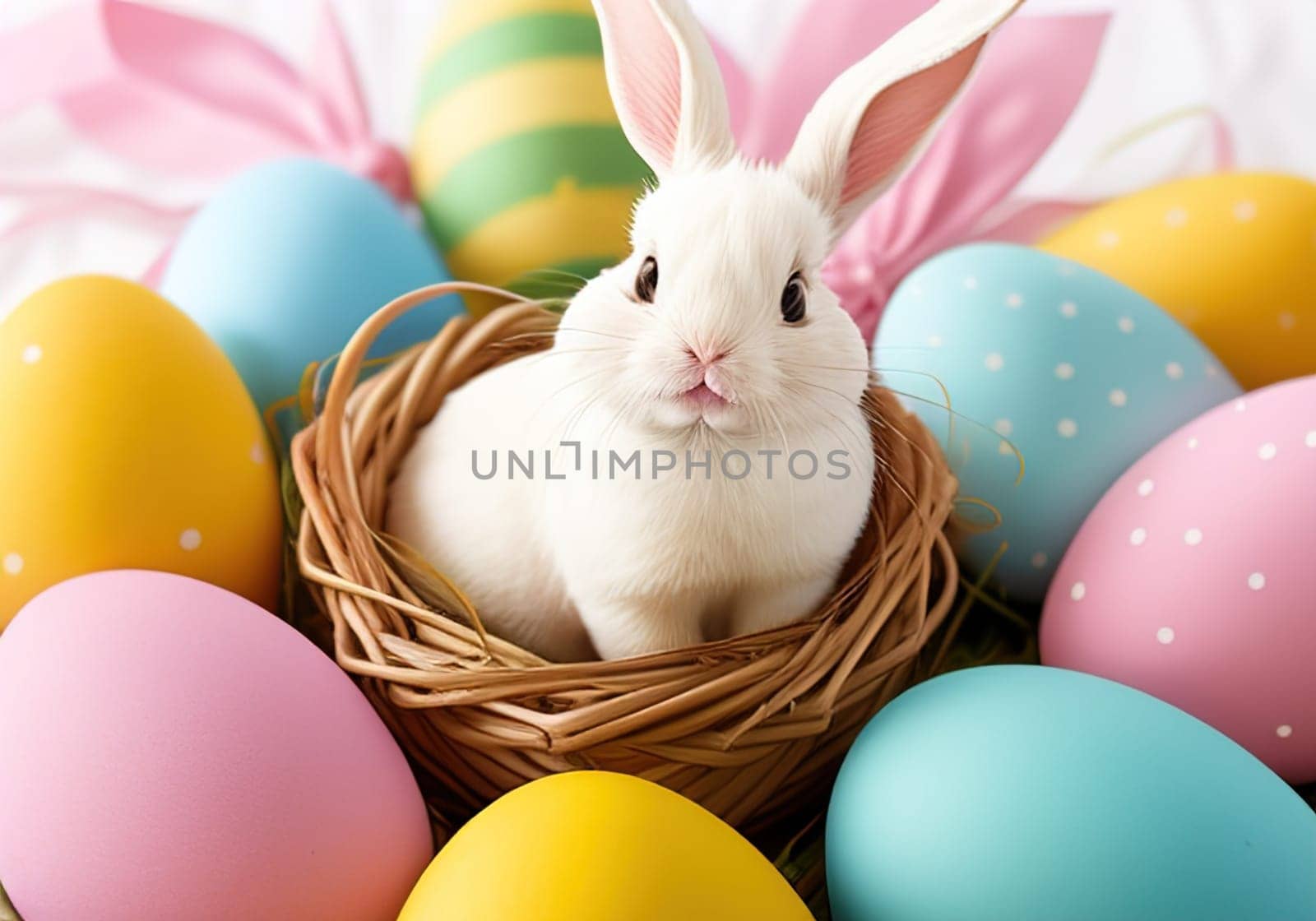 Easter bunny with colorful eggs in nest. ai generative