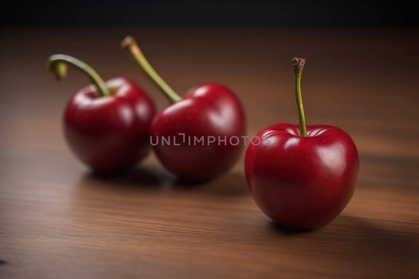 Red cherries on a wooden background. Close up. Selective focus. ai generative