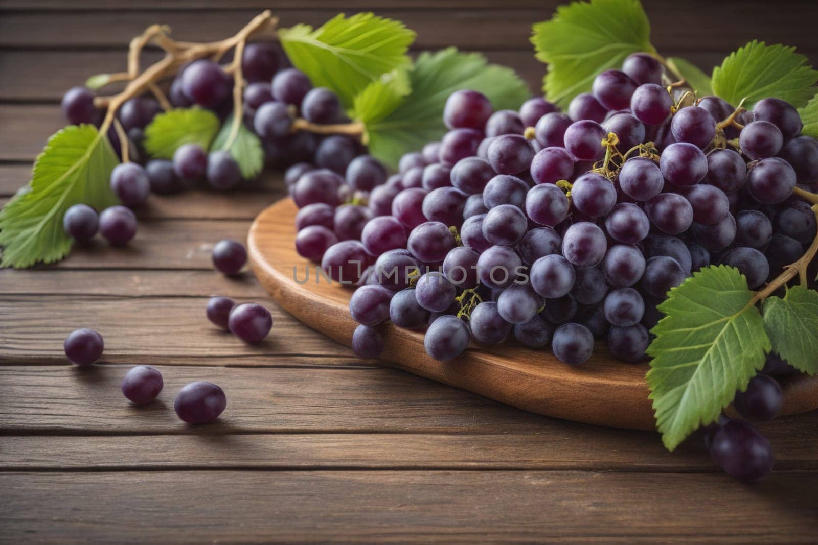 Bunch of fresh grapes on wooden table. Vintage style toned picture. ai generative