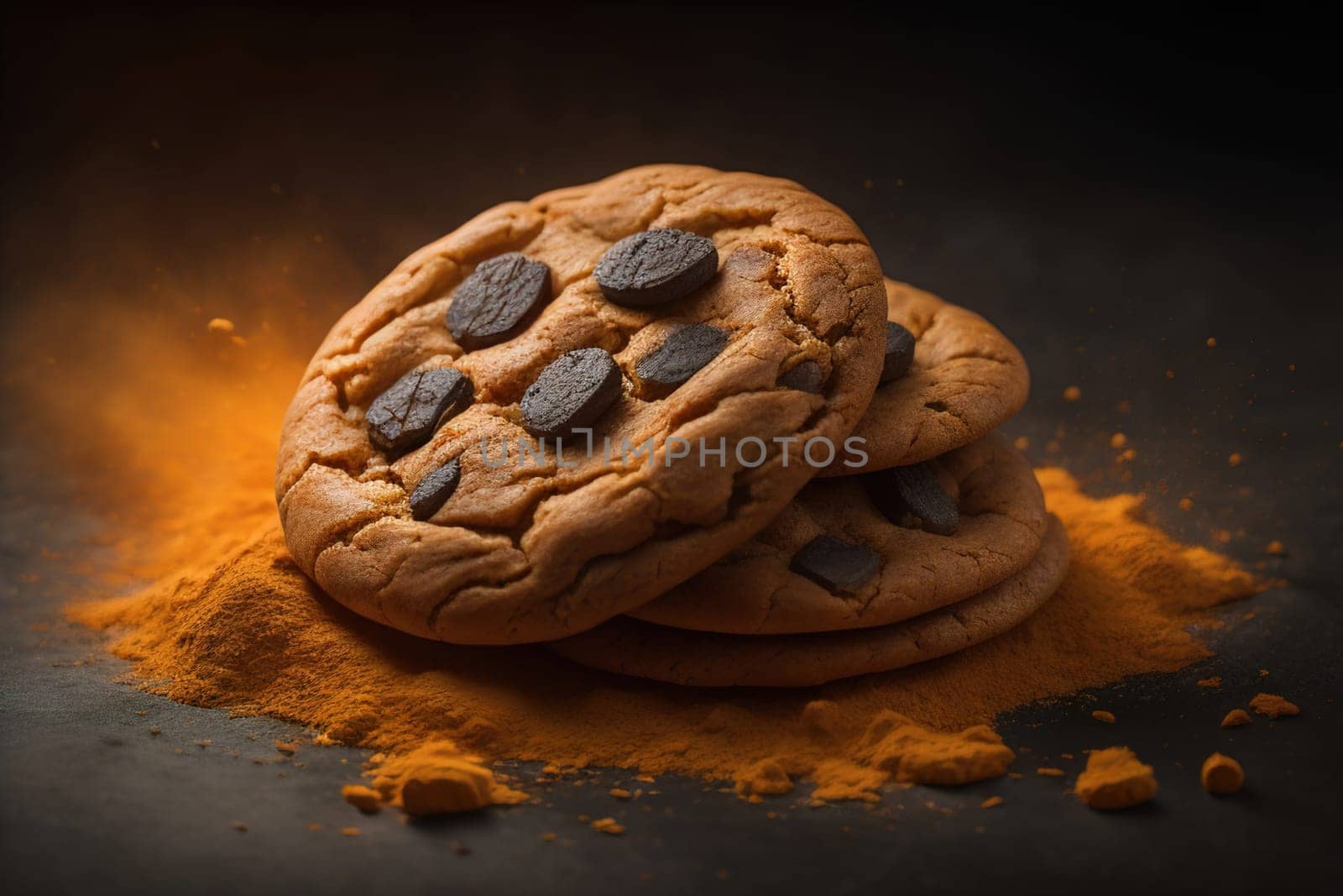 Chocolate chip cookies on orange background. Close up. Selective focus. ai generative