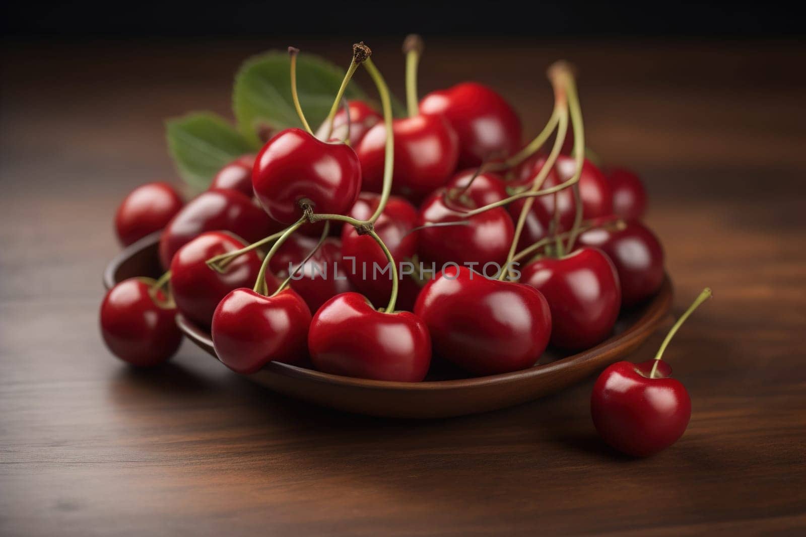 Red cherries on a wooden background. Close up. Selective focus. ai generative