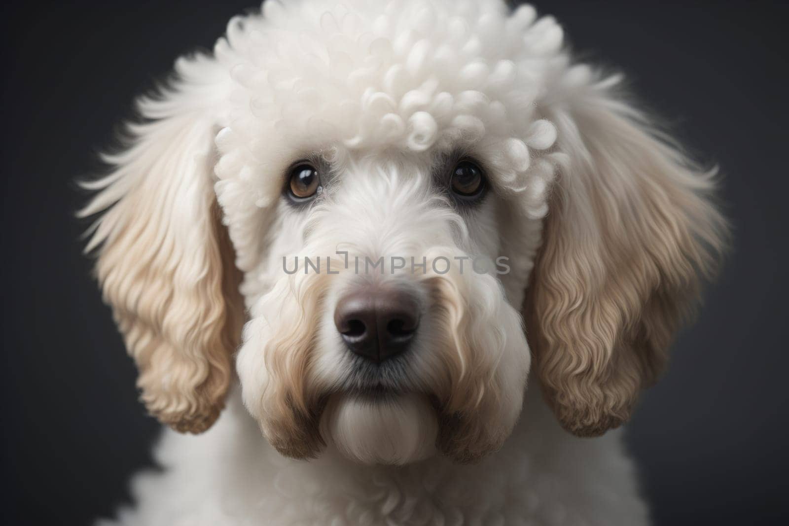 Close-up portrait of a poodle dog on a solid color background. ai generative