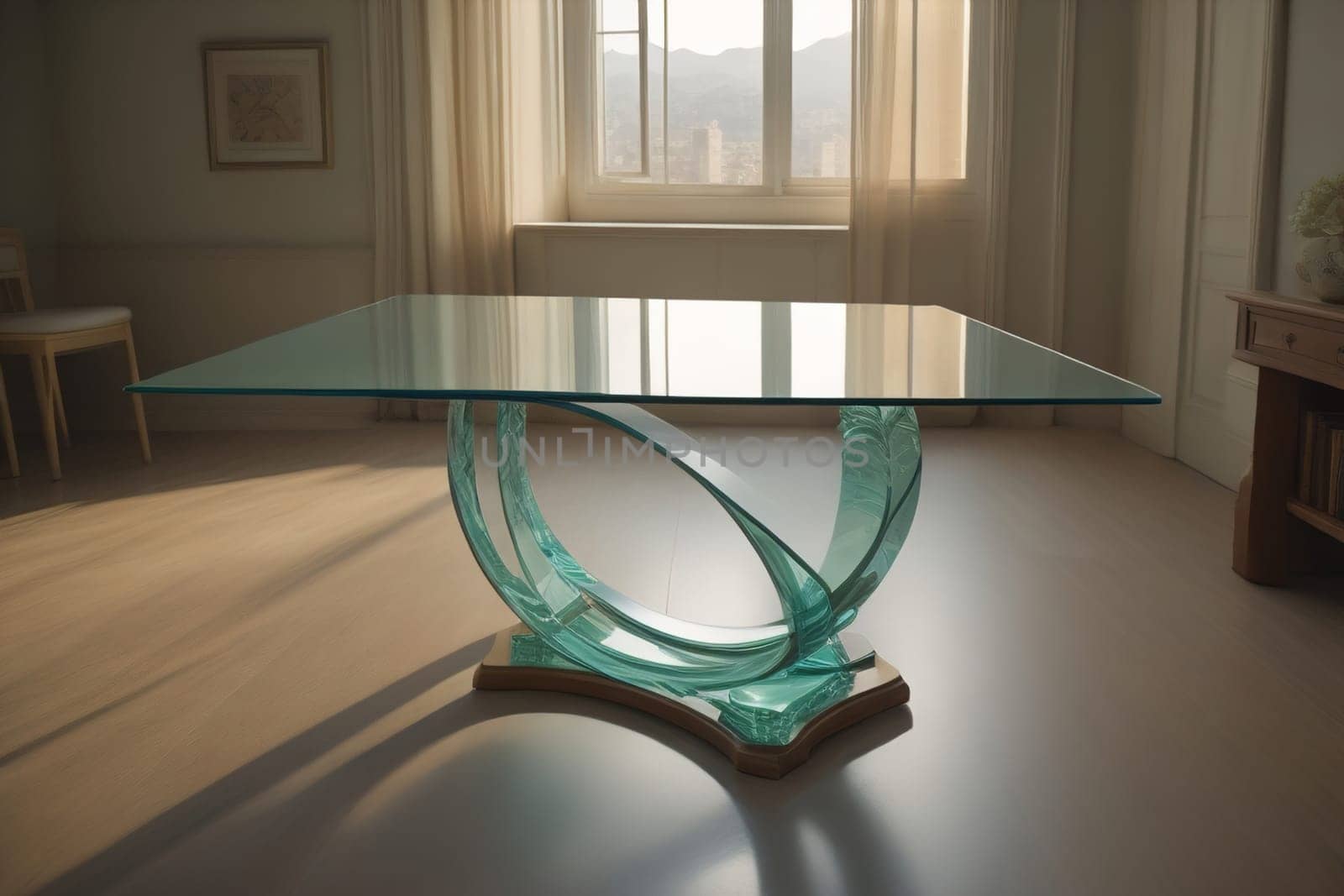 a glass table in a room. ai generative
