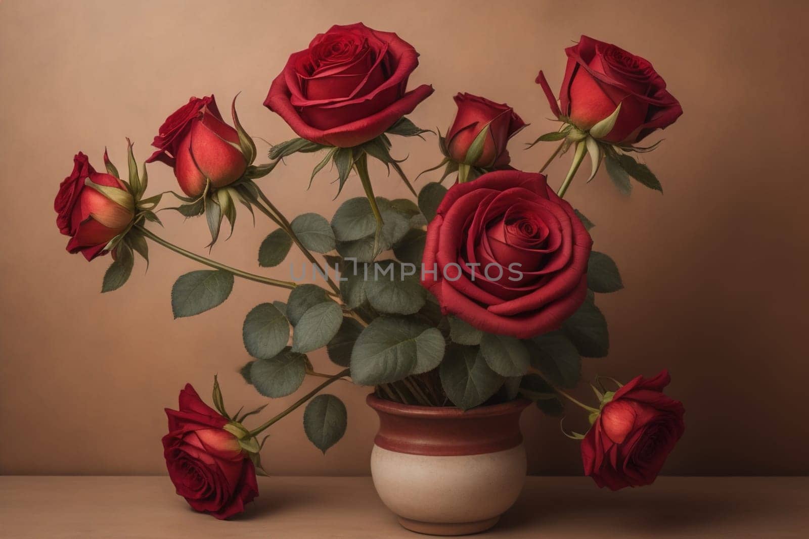 Red roses background. Top view of beautiful red roses with green leaves. ai generative