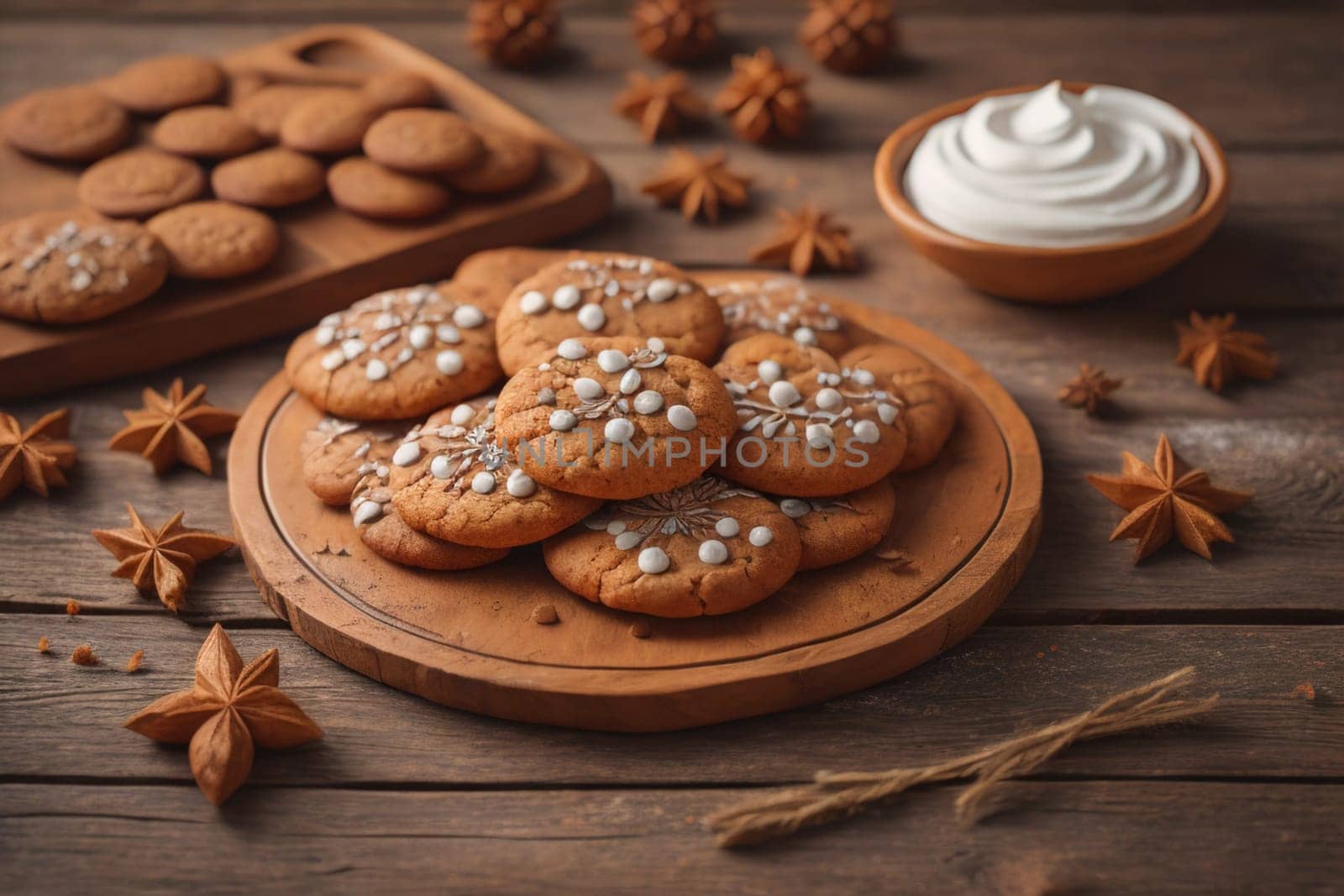 Cookies on a wooden table. Top view. ai generative