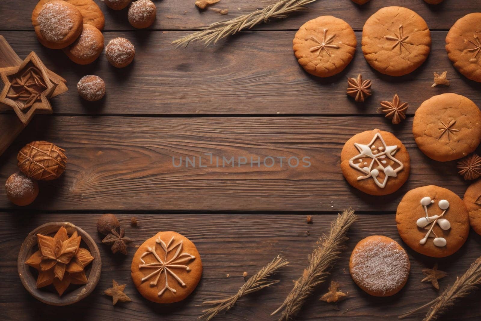 Cookies on a wooden table. Top view. ai generative