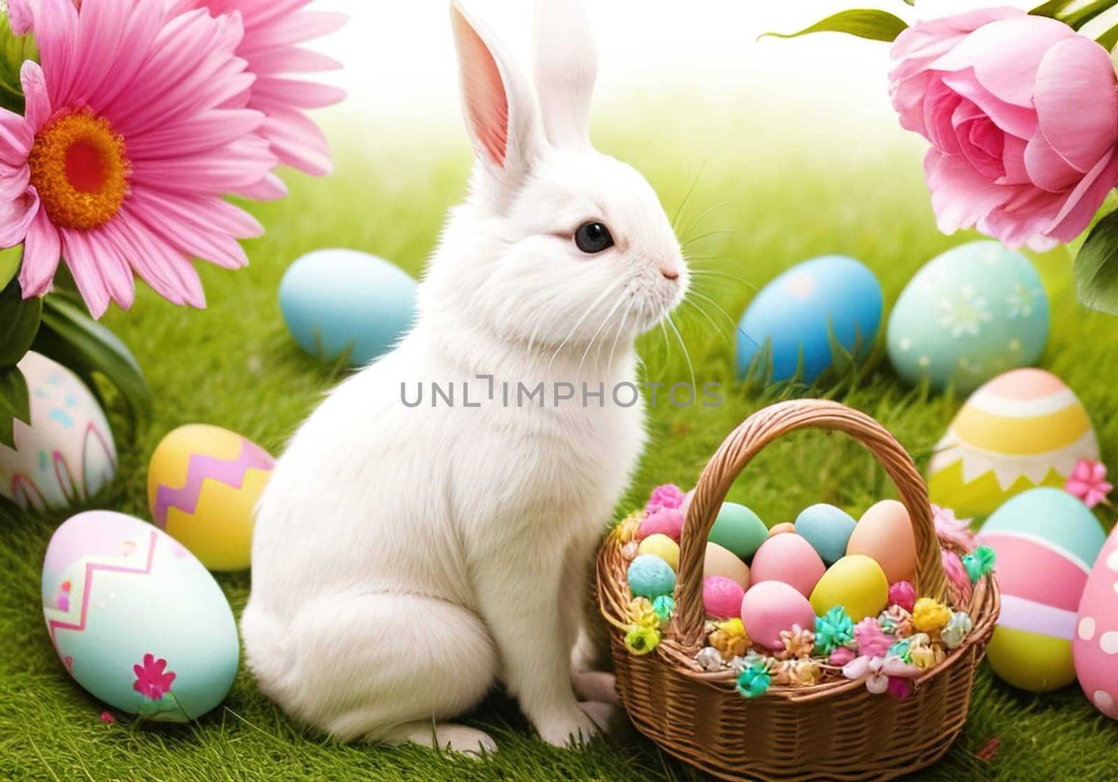 Easter bunny with colorful eggs in nest. ai generative