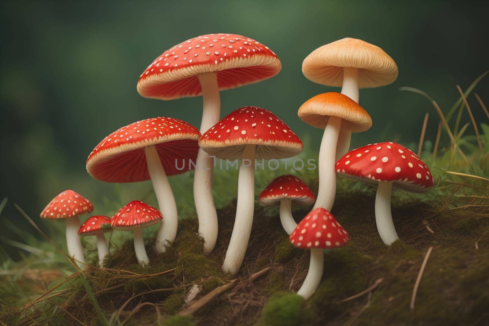 Mushrooms on a solid color background with green moss and water drops. generative ai