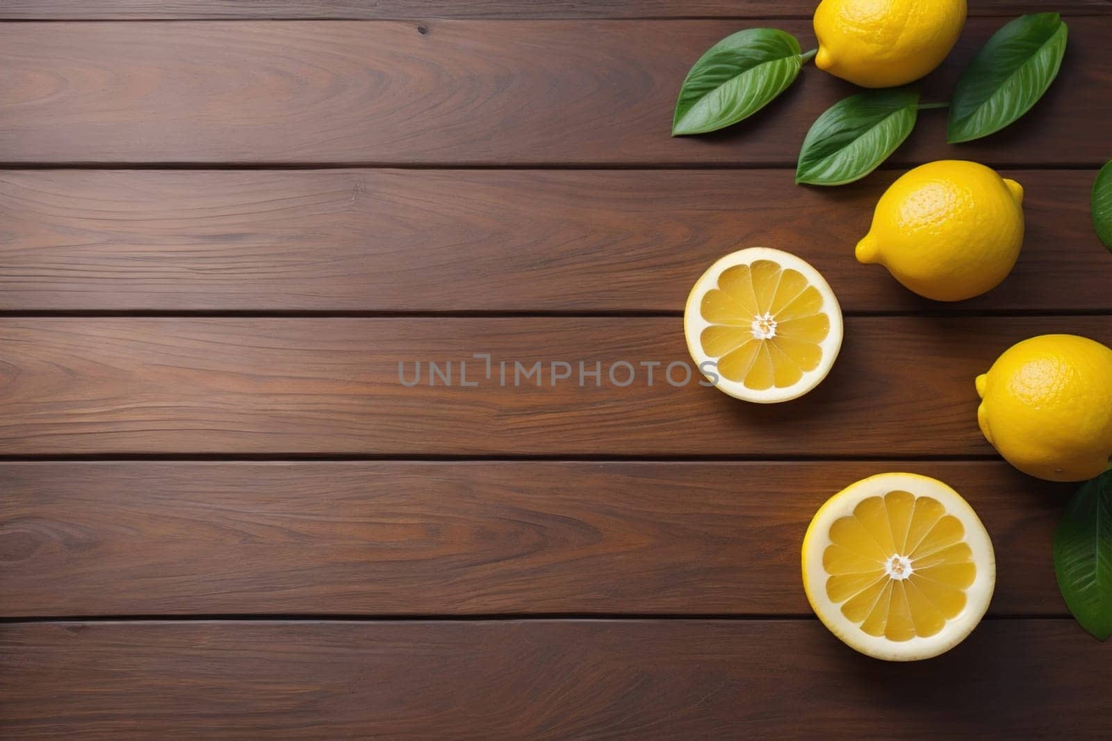 Lemon and slice of lemon on wooden background. Top view. ai generative