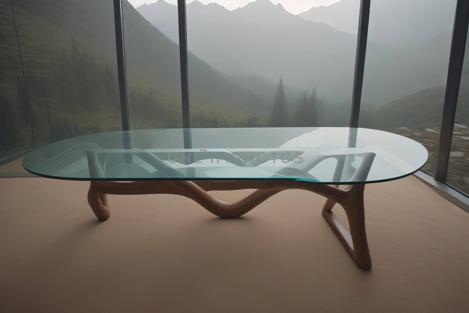 a glass table in a room. ai generative