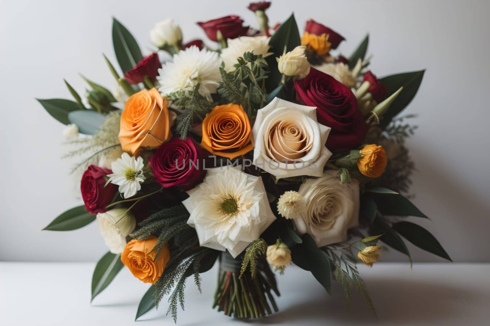 wedding bouquet of different colors on a solid color background. ai generative