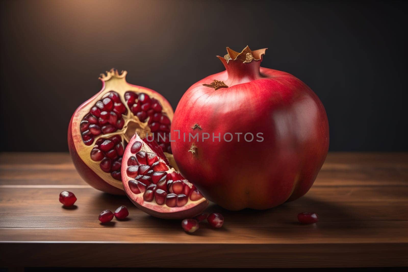 Ripe pomegranate fruit on a wooden background. Still life. ai generative