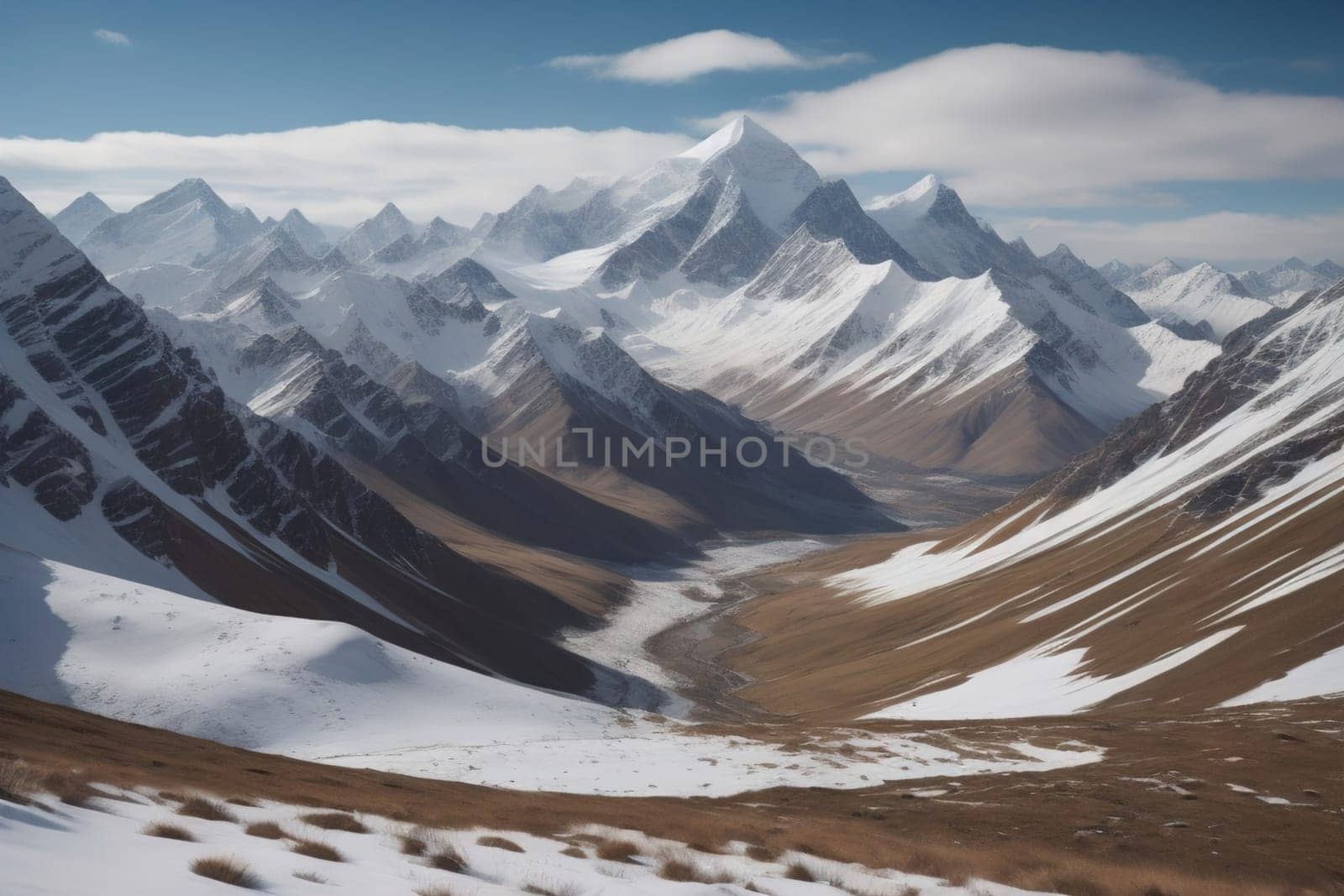 Mountains and snow-capped peaks of the Caucasus Mountains. ai generative by sanisra