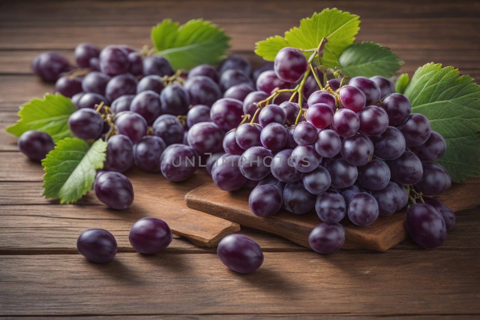 Bunch of fresh grapes on wooden table. Vintage style toned picture. ai generative