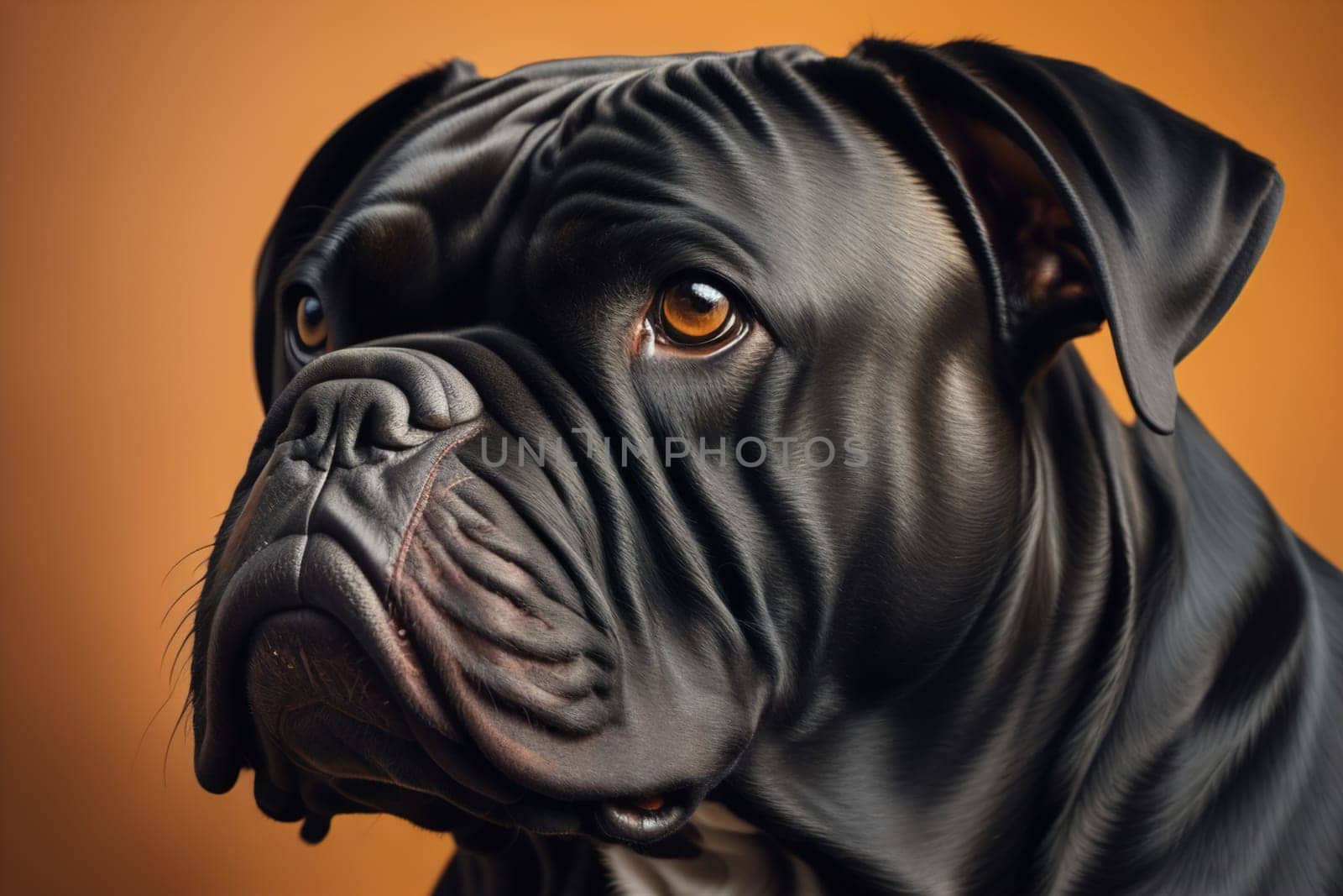 Close up portrait of a cute black dog on a orange background. ai generative