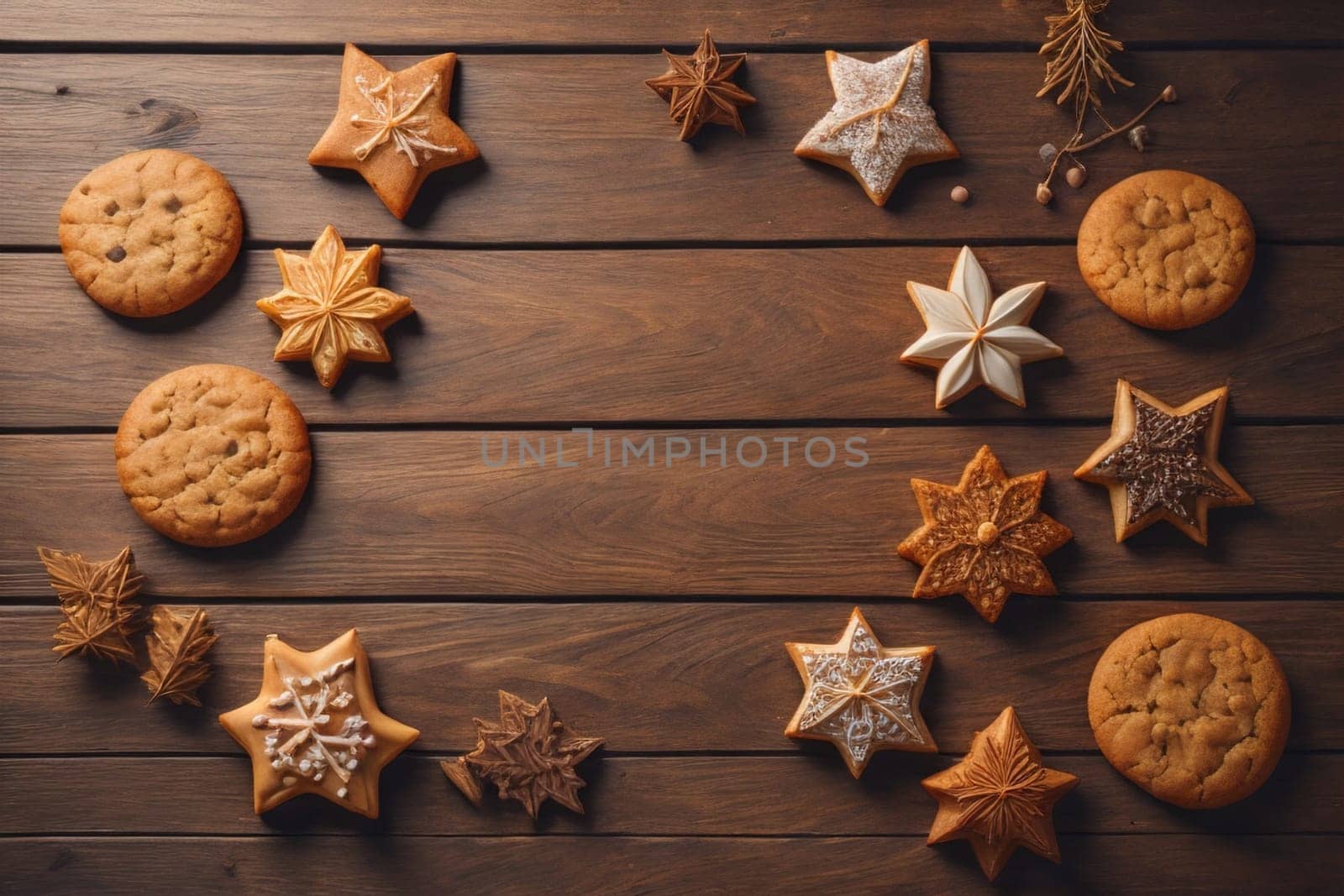 Cookies on a wooden table. Top view. ai generative