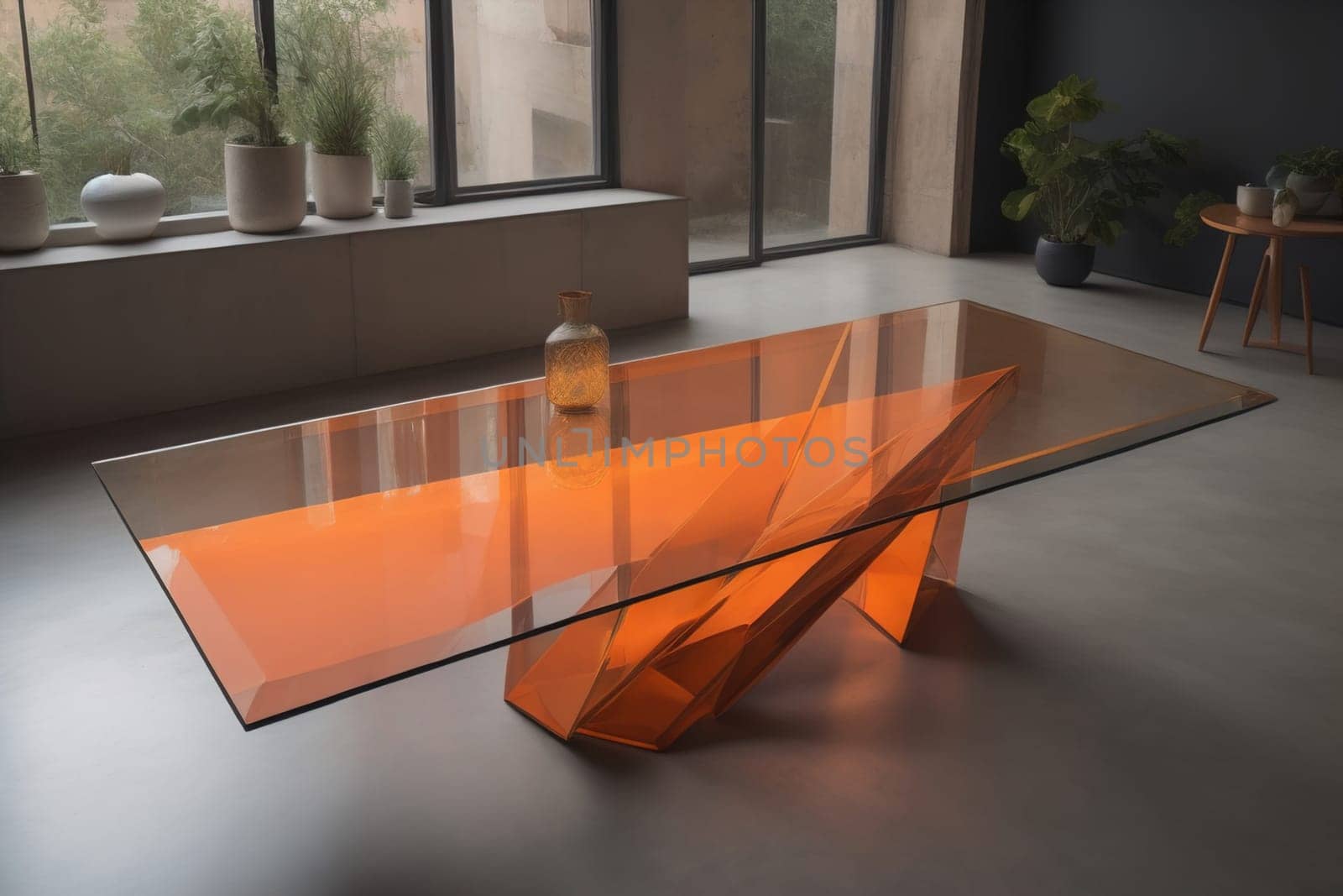 a glass table in a room. ai generative