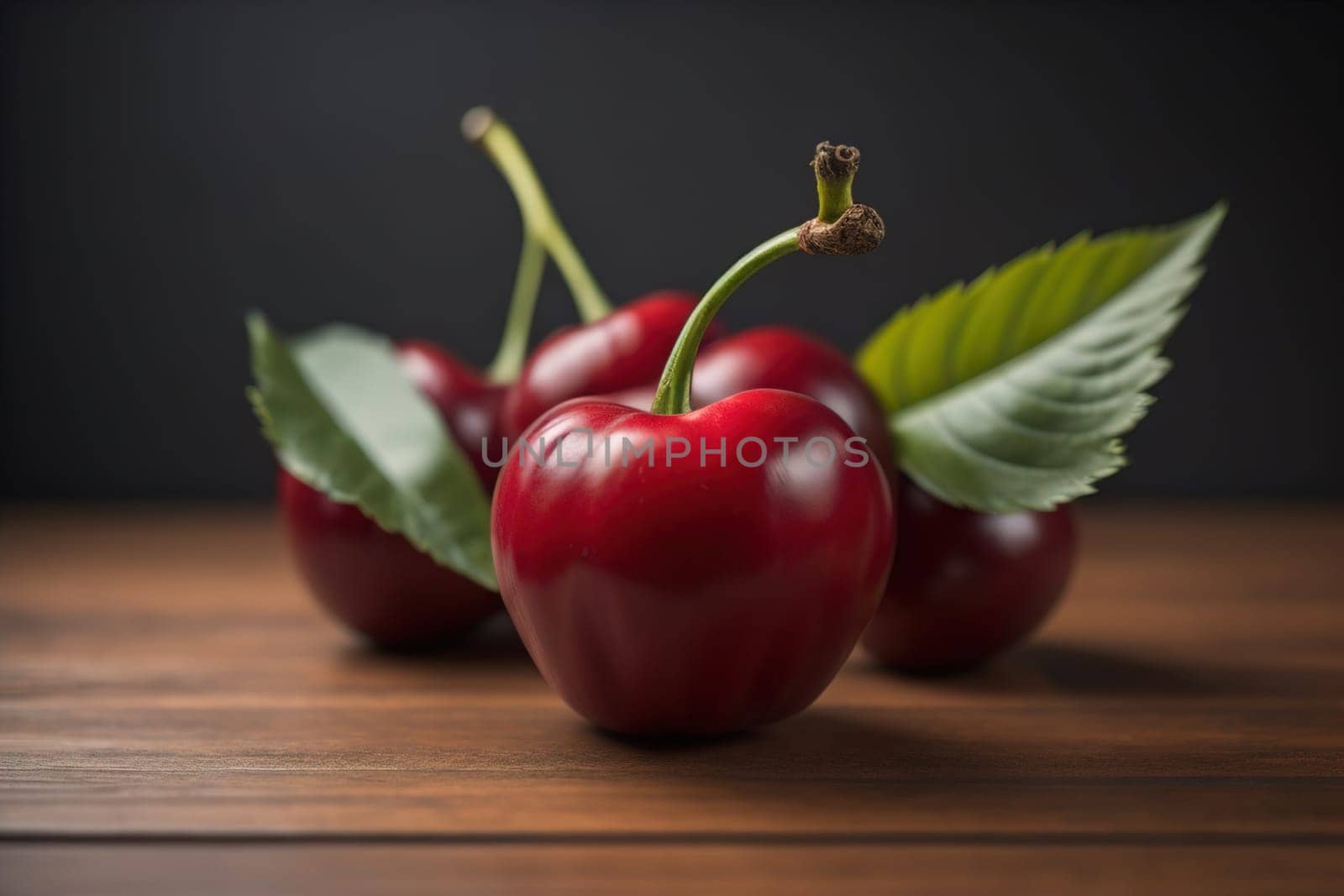 Red cherries on a wooden background. Close up. Selective focus. ai generative