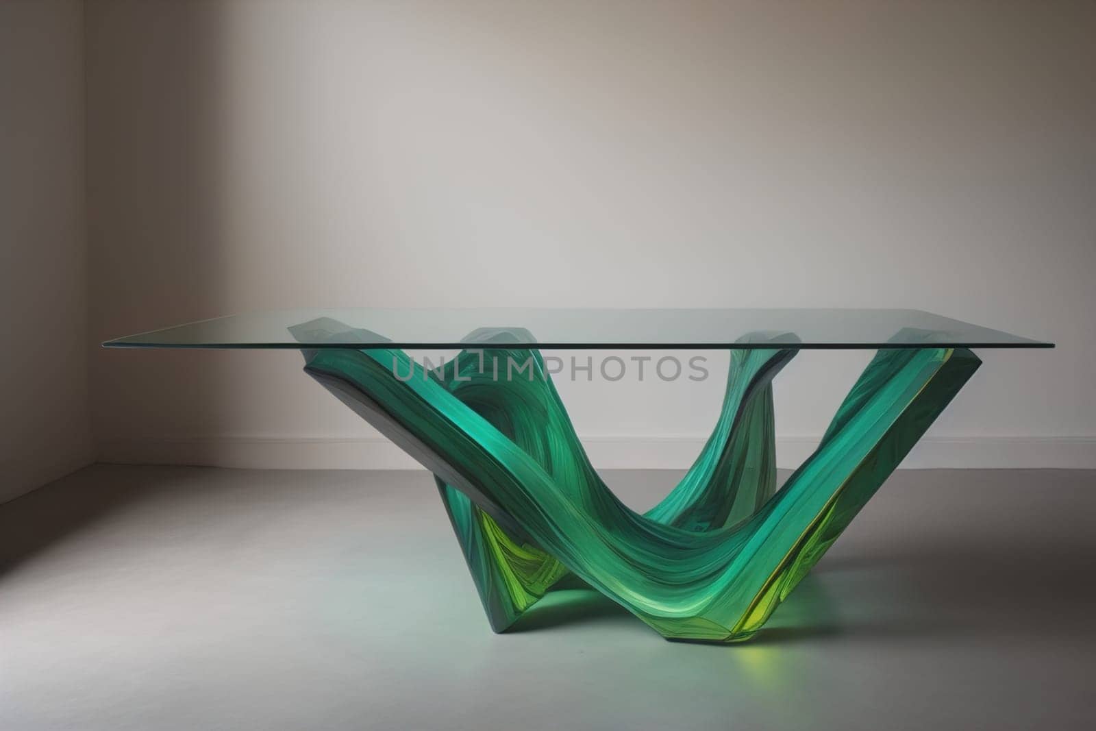 a glass table in a room. ai generative
