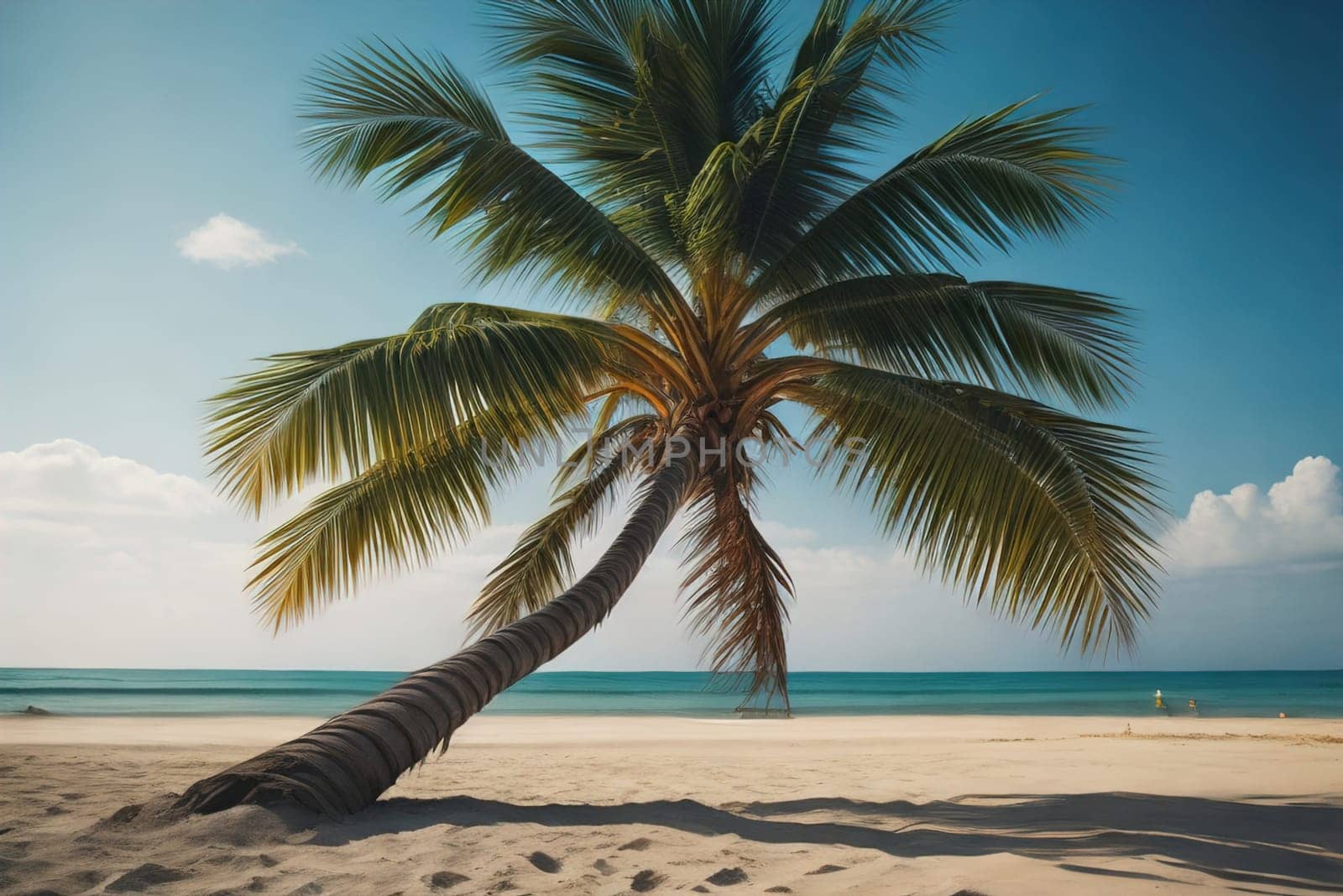Beautiful tropical beach with coconut palm tree. ai generative by sanisra