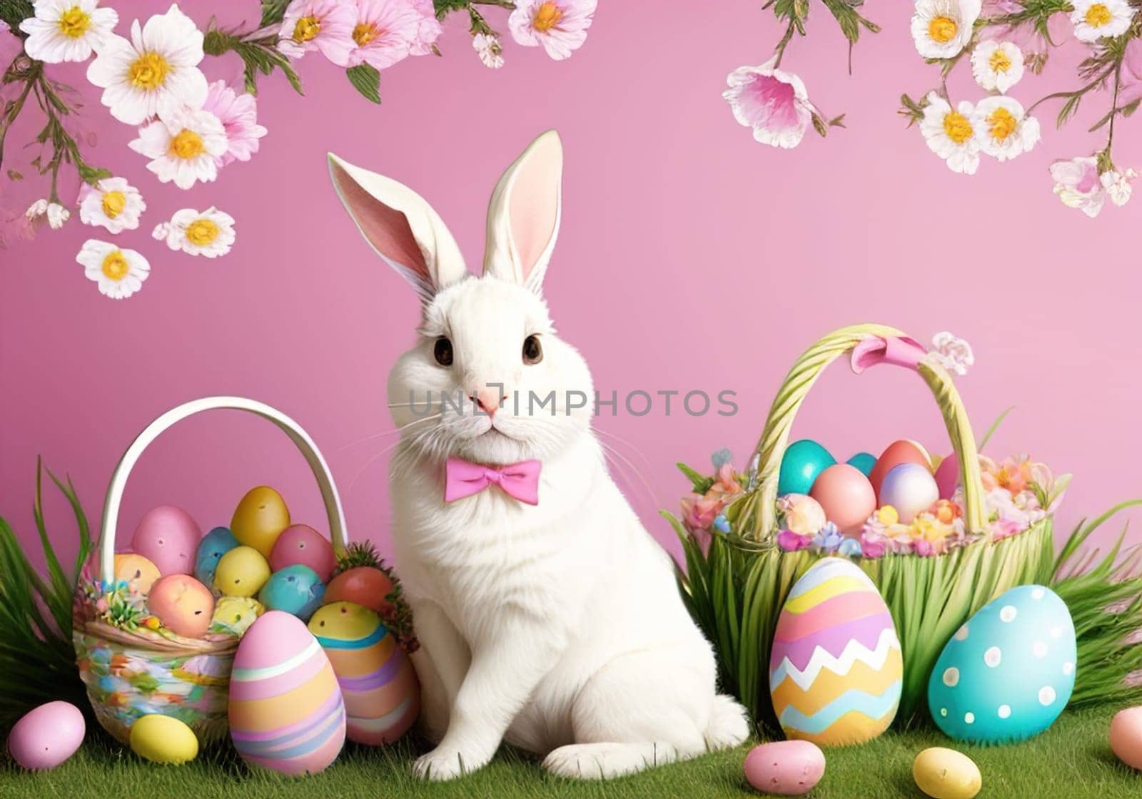 Easter bunny with colorful eggs in nest. ai generative