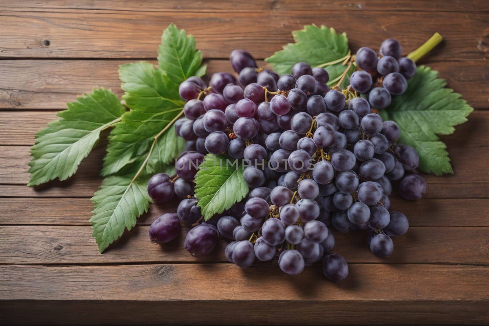 Bunch of fresh grapes on wooden table. Vintage style toned picture. ai generative