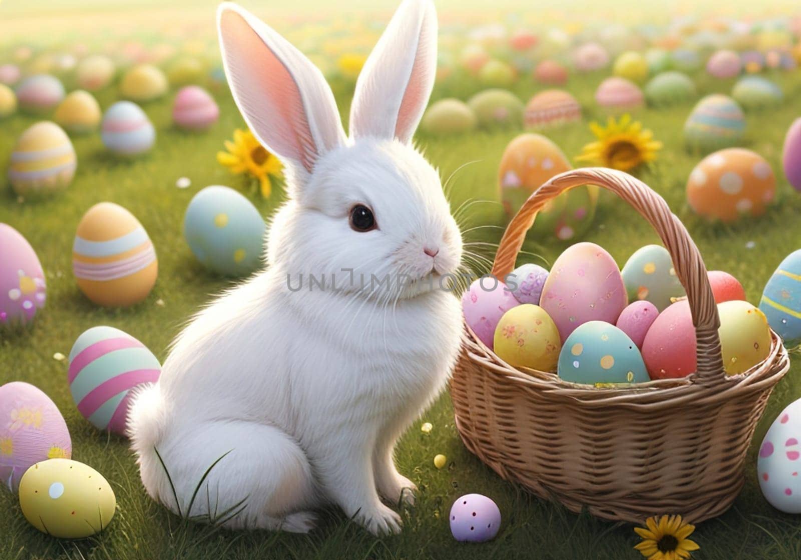 Easter bunny with colorful eggs in nest. ai generative