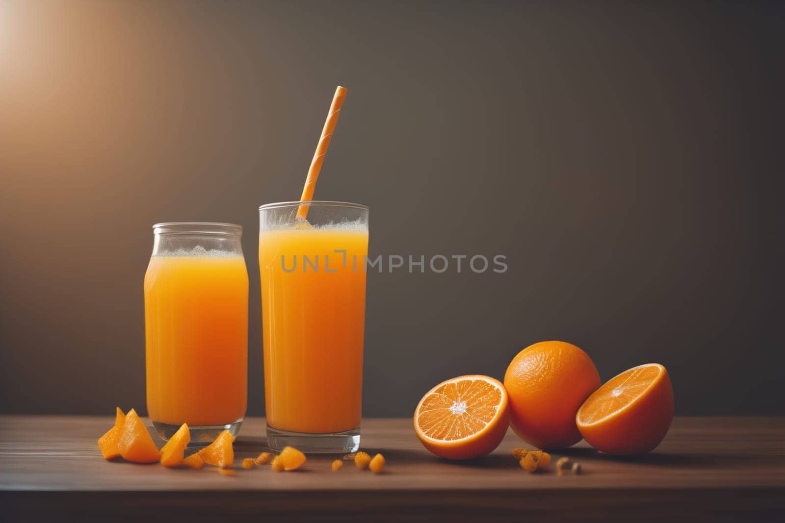 Glass of orange juice and fresh orange fruits. ai generative