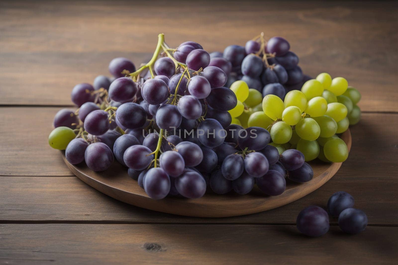 Bunch of fresh grapes on wooden table. Vintage style toned picture. ai generative