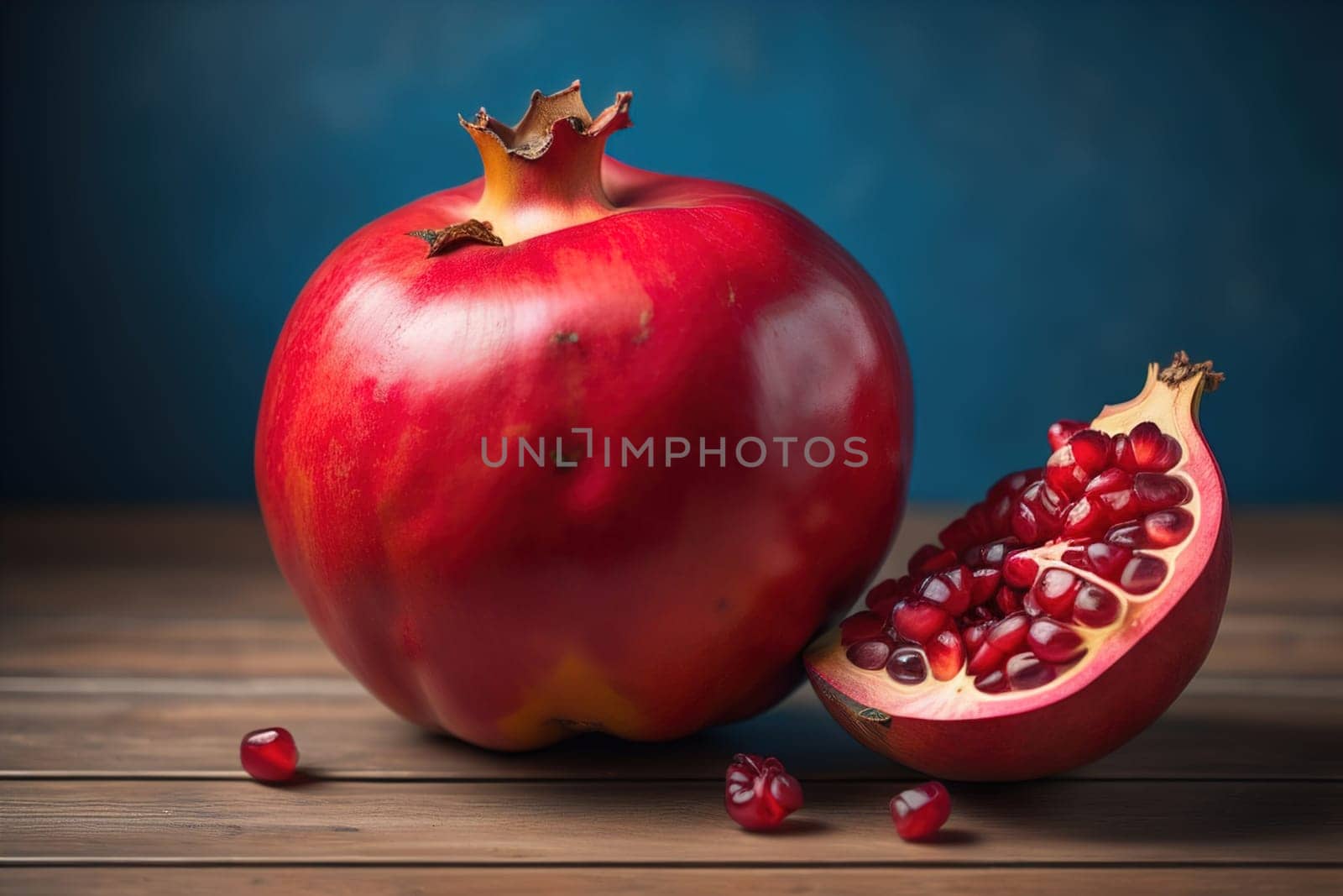 Ripe pomegranate fruit on a wooden background. Still life. ai generative