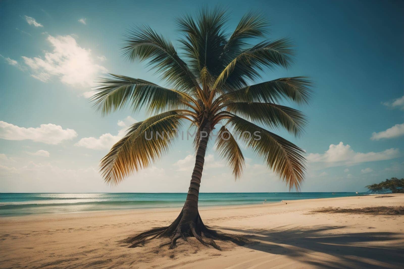 Beautiful tropical beach with coconut palm tree. ai generative by sanisra