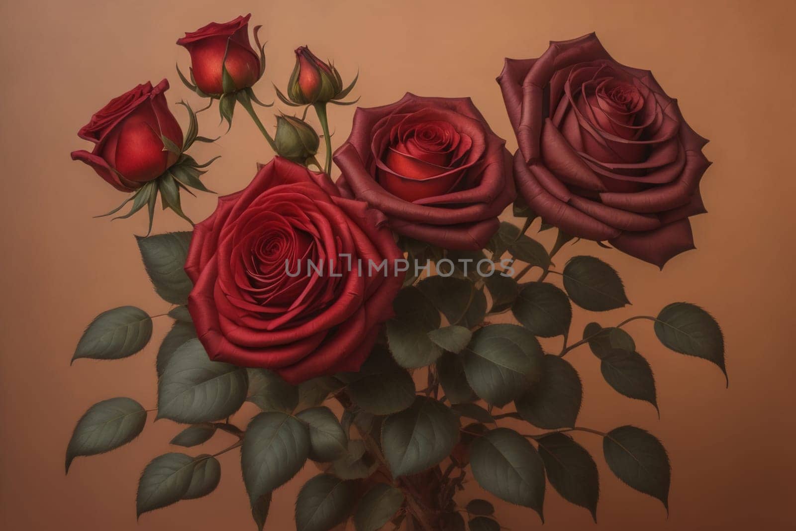 Red roses background. Top view of beautiful red roses with green leaves. ai generative