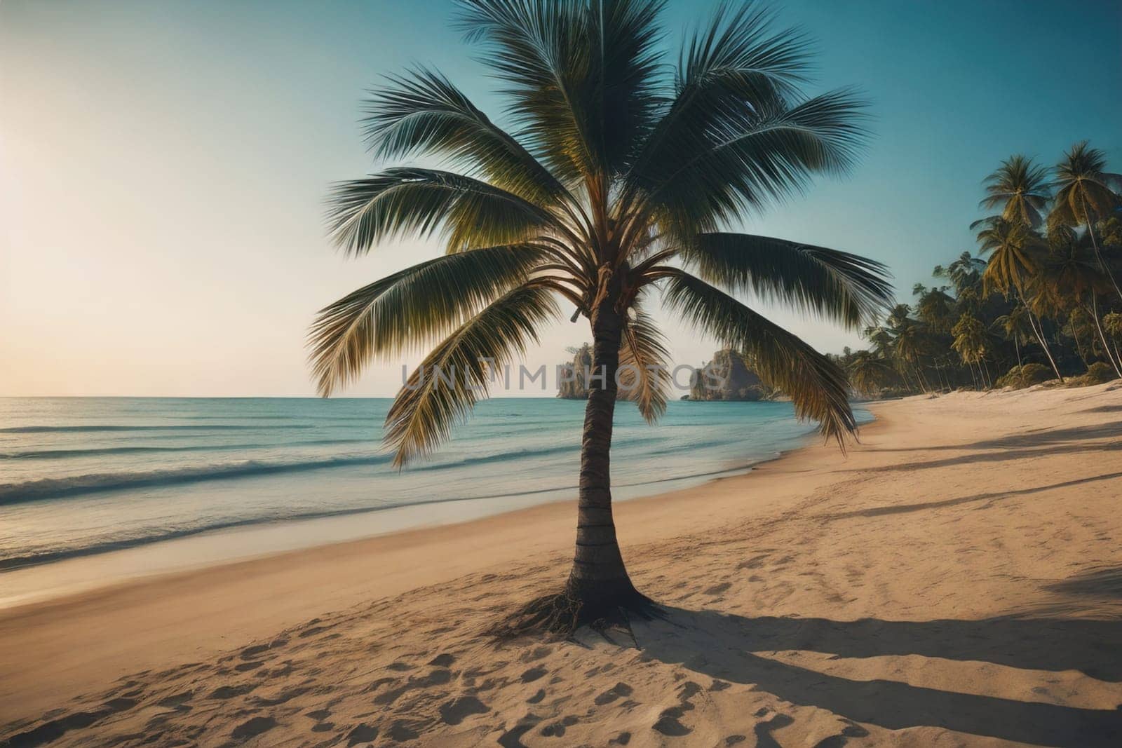 Beautiful tropical beach with coconut palm tree. ai generative by sanisra