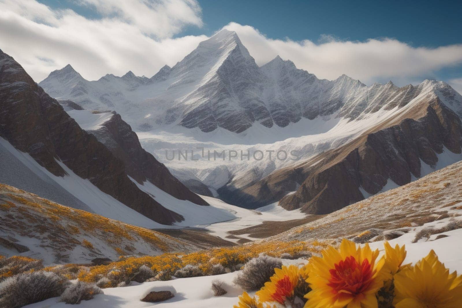 Mountains and snow-capped peaks of the Caucasus Mountains. ai generative by sanisra