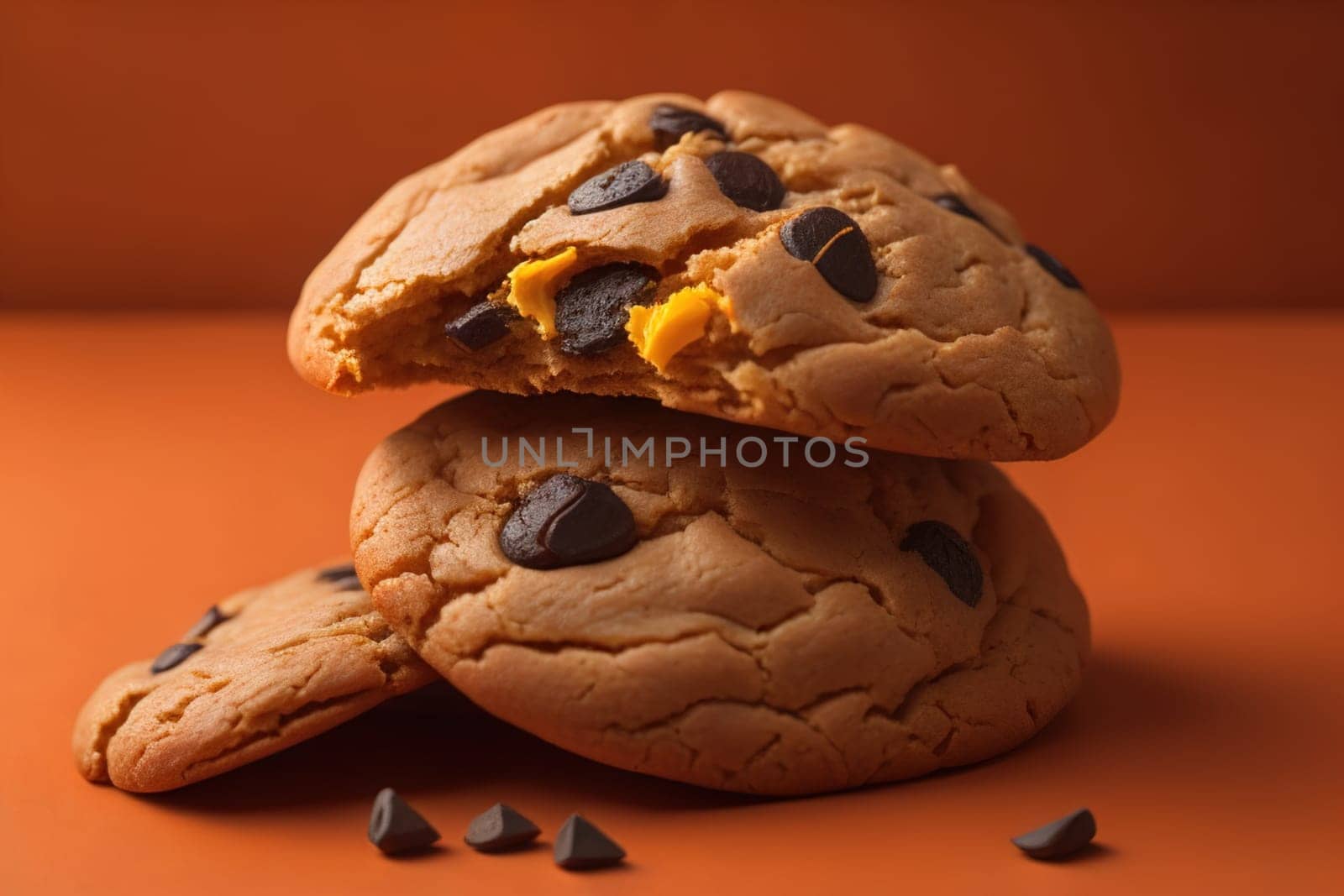 Chocolate chip cookies on orange background. Close up. Selective focus. ai generative