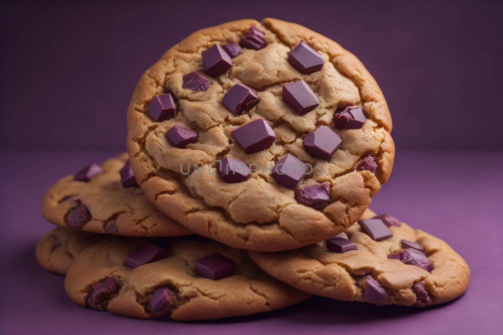 Chocolate chip cookies on orange background. Close up. Selective focus. ai generative