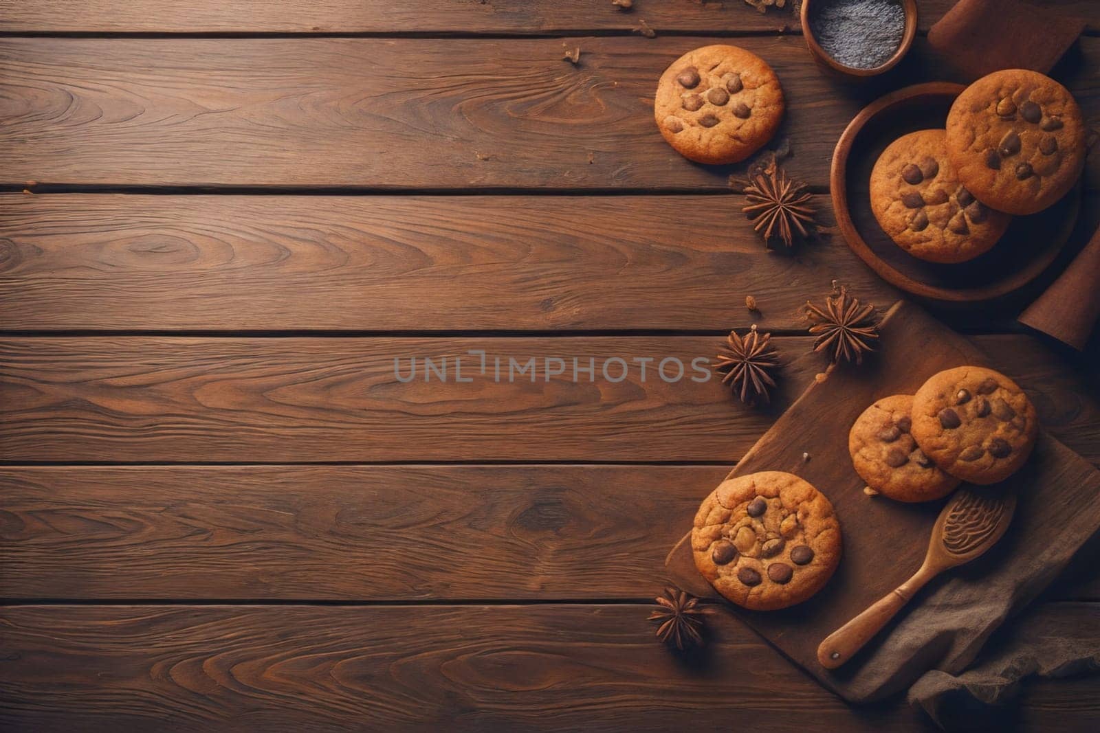Cookies on a wooden table. Top view. ai generative