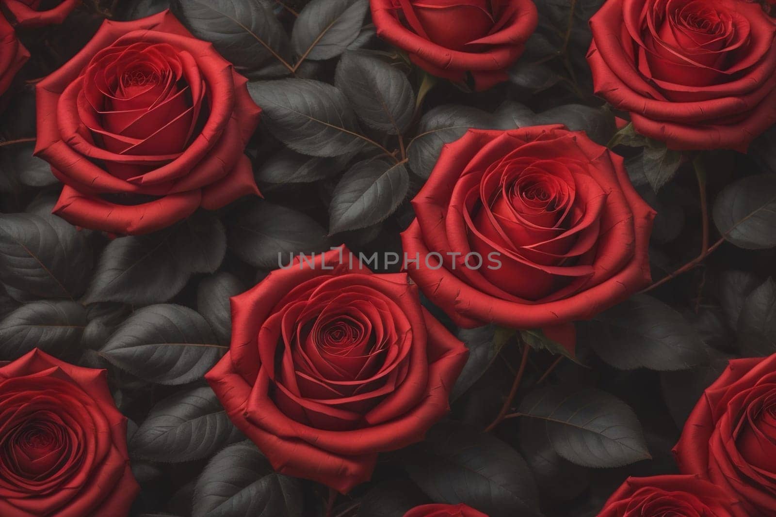 Red roses background. Top view of beautiful red roses with green leaves. ai generative