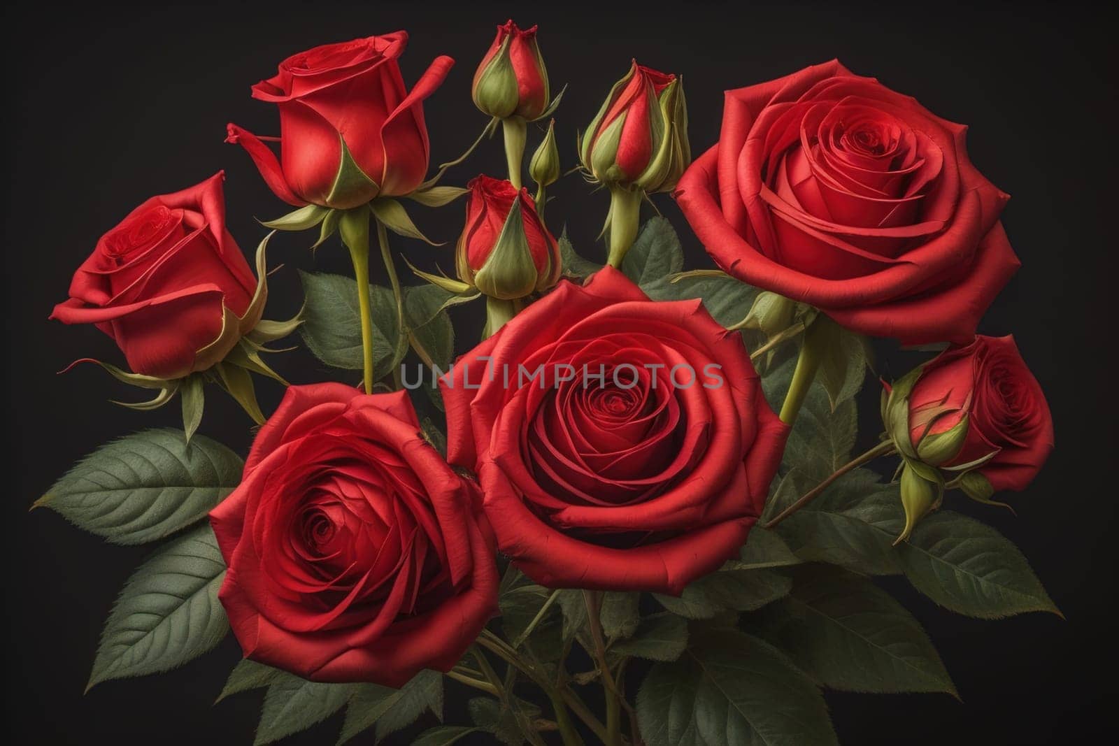 Red roses background. Top view of beautiful red roses with green leaves. ai generative