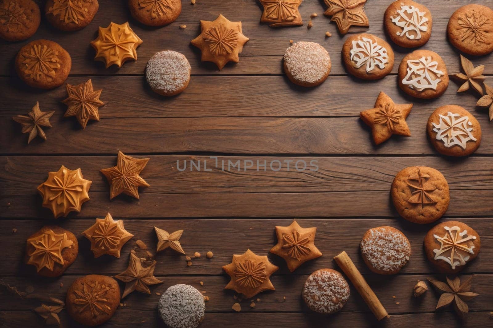 Cookies on a wooden table. Top view. ai generative