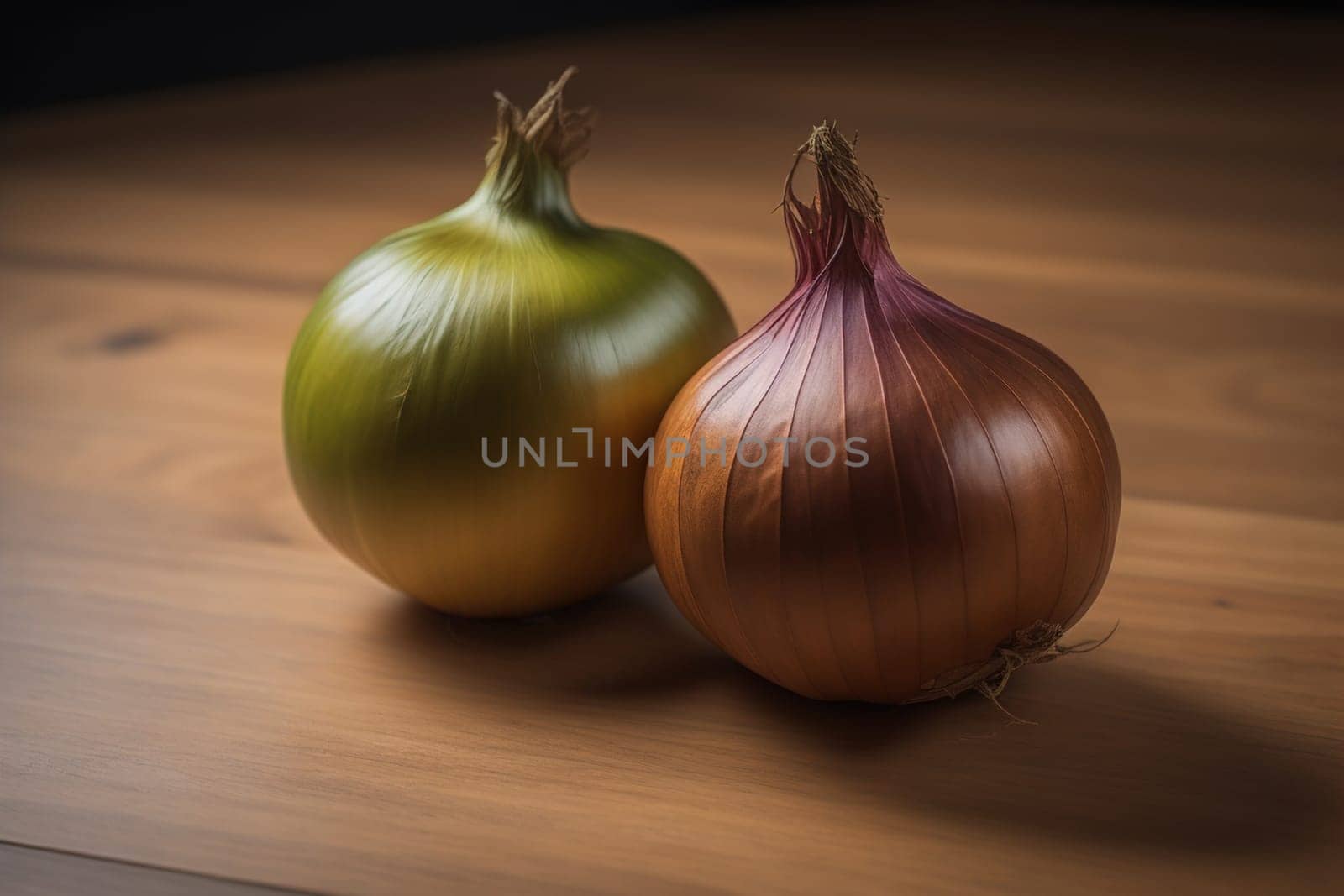 Three onions on a wooden table in front of a solid color background. ai generative